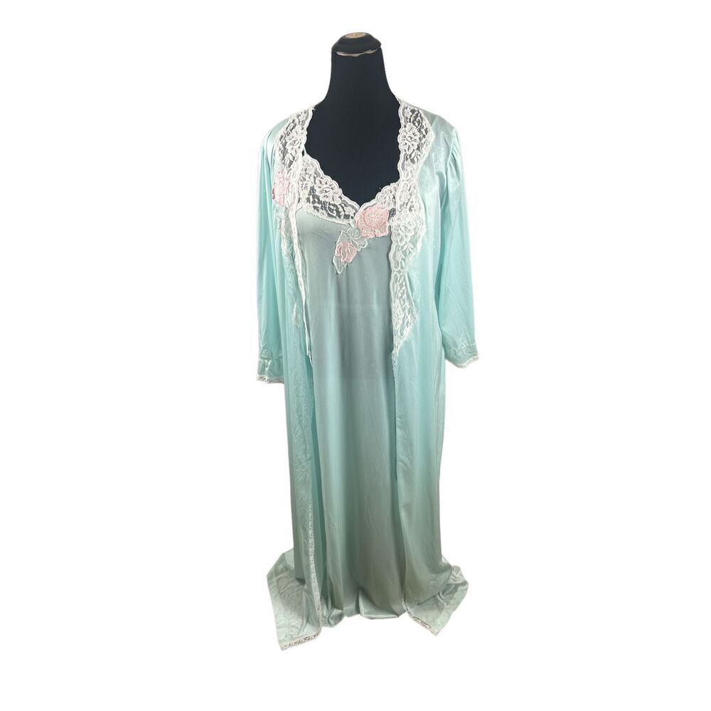 Vintage aqua blue lace trim floral robe nightgown nylon medium lingerie vincini